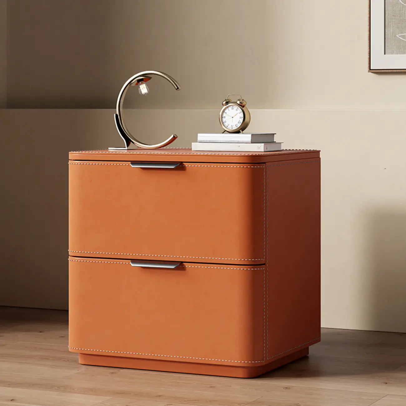 Table de chevet minimaliste étroite en bois et cuir à 2 tiroirs