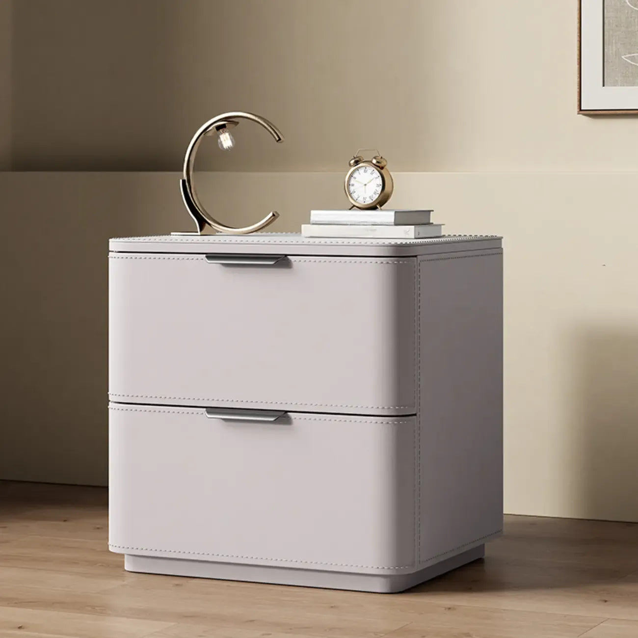 Table de chevet minimaliste étroite en bois et cuir à 2 tiroirs