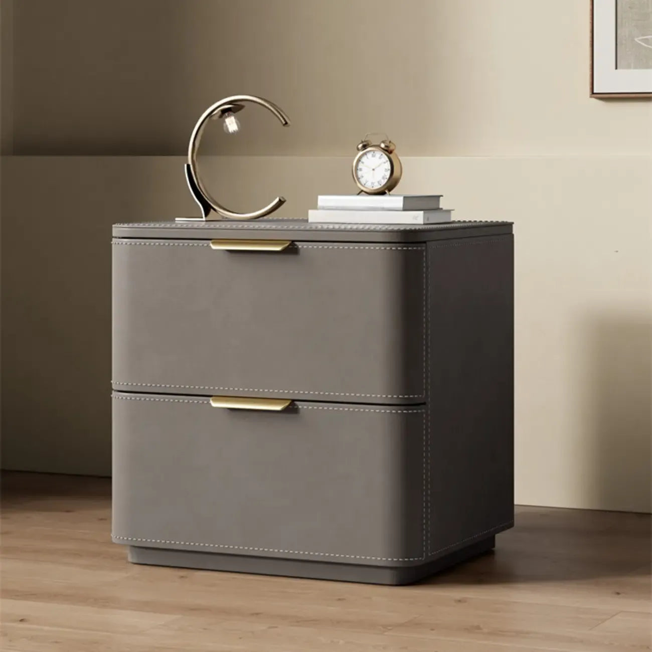 Table de chevet minimaliste étroite en bois et cuir à 2 tiroirs