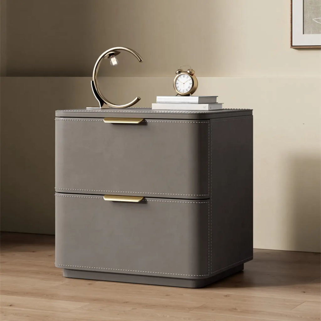 Table de chevet minimaliste étroite en bois et cuir à 2 tiroirs