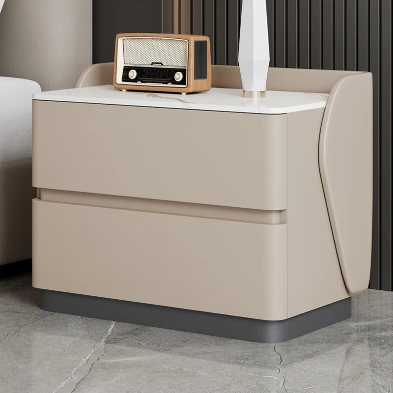 Table de chevet Art Déco avec plateau en pierre et 2 tiroirs de rangement