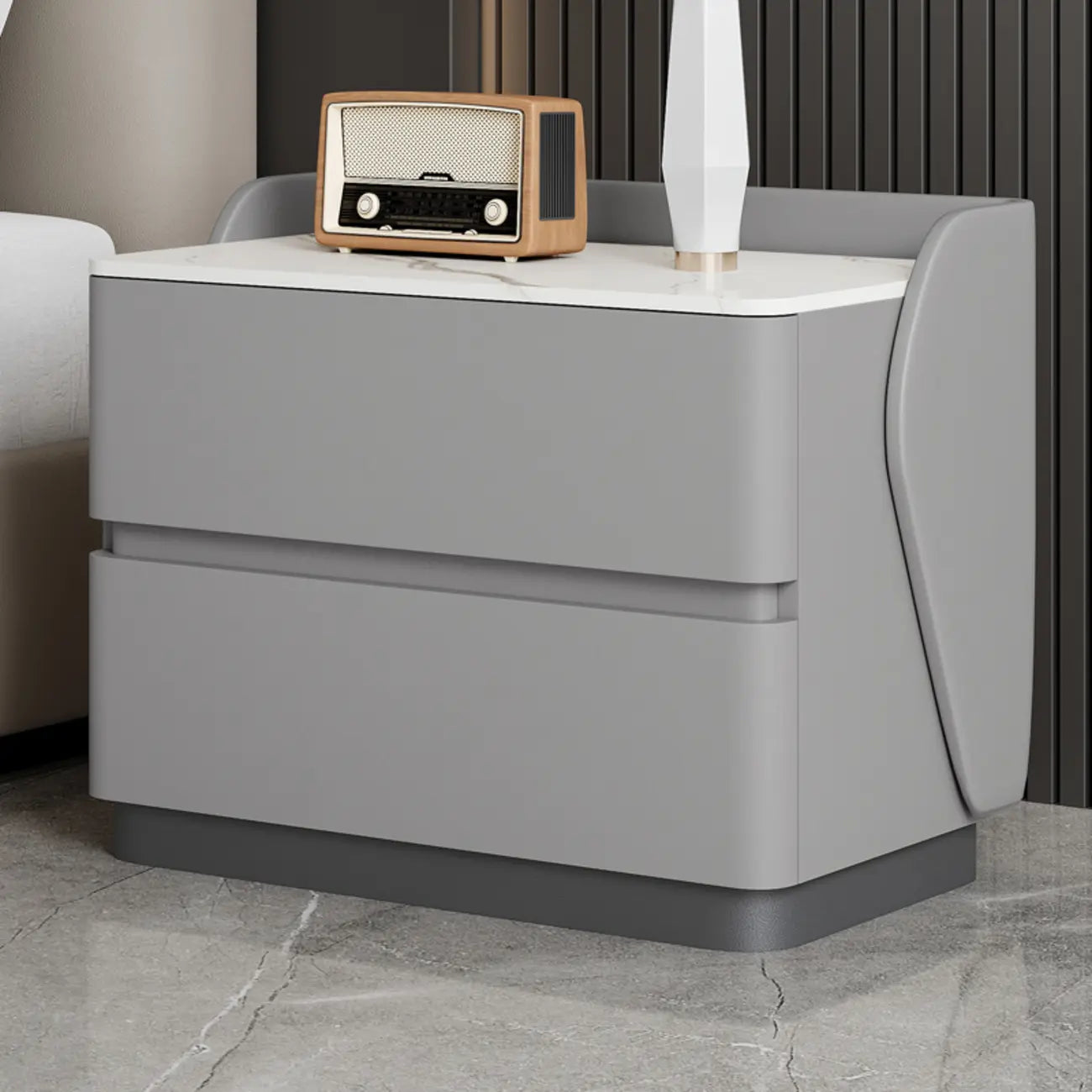 Table de chevet Art Déco avec plateau en pierre et 2 tiroirs de rangement