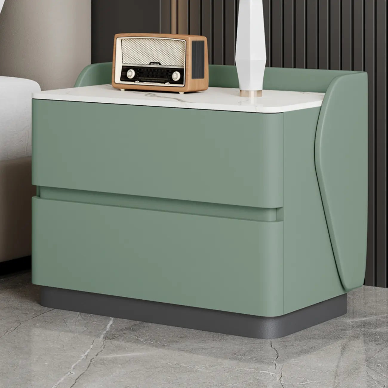 Table de chevet Art Déco avec plateau en pierre et 2 tiroirs de rangement