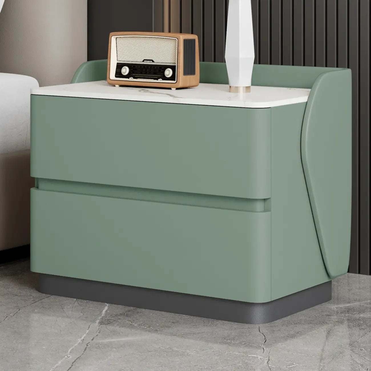 Table de chevet Art Déco avec plateau en pierre et 2 tiroirs de rangement