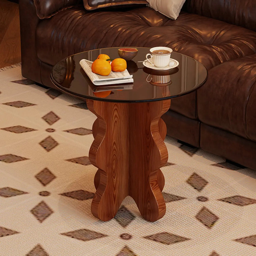 Table d'appoint piédestal en noyer avec plateau en verre, style moderne du milieu du siècle