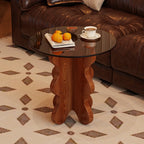 Table d'appoint piédestal en noyer avec plateau en verre, style moderne du milieu du siècle