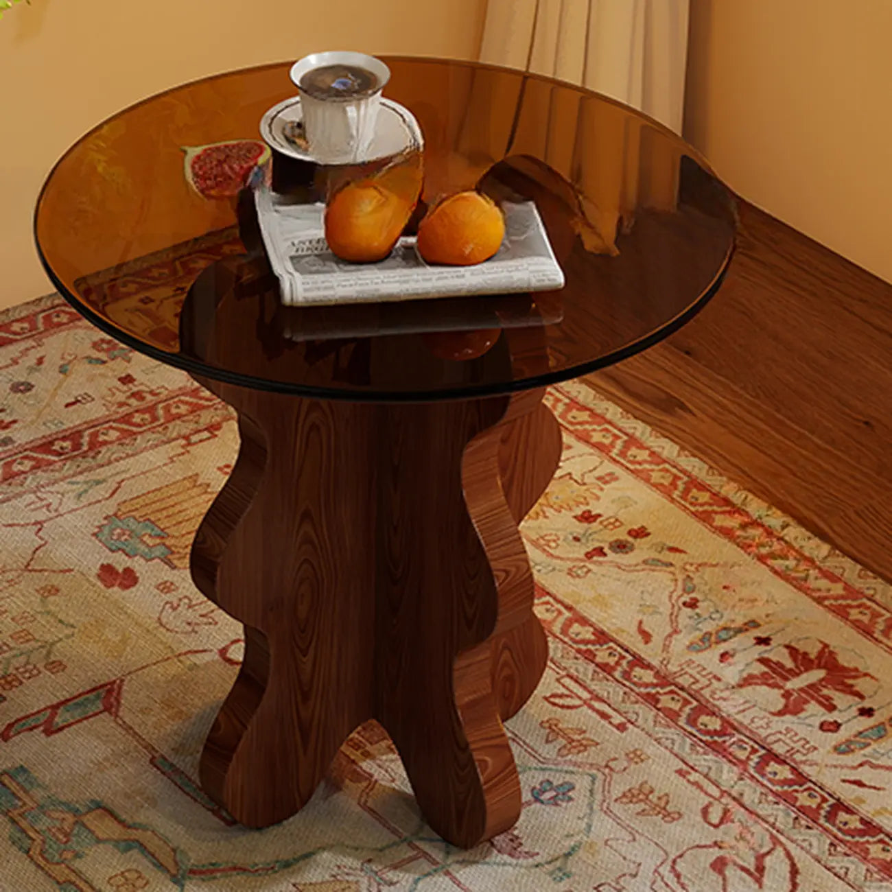 Table d'appoint piédestal en noyer avec plateau en verre, style moderne du milieu du siècle