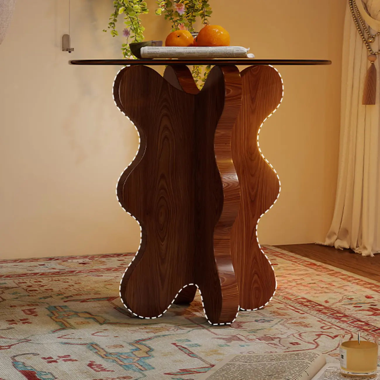 Table d'appoint piédestal en noyer avec plateau en verre, style moderne du milieu du siècle