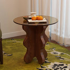 Table d'appoint piédestal en noyer avec plateau en verre, style moderne du milieu du siècle