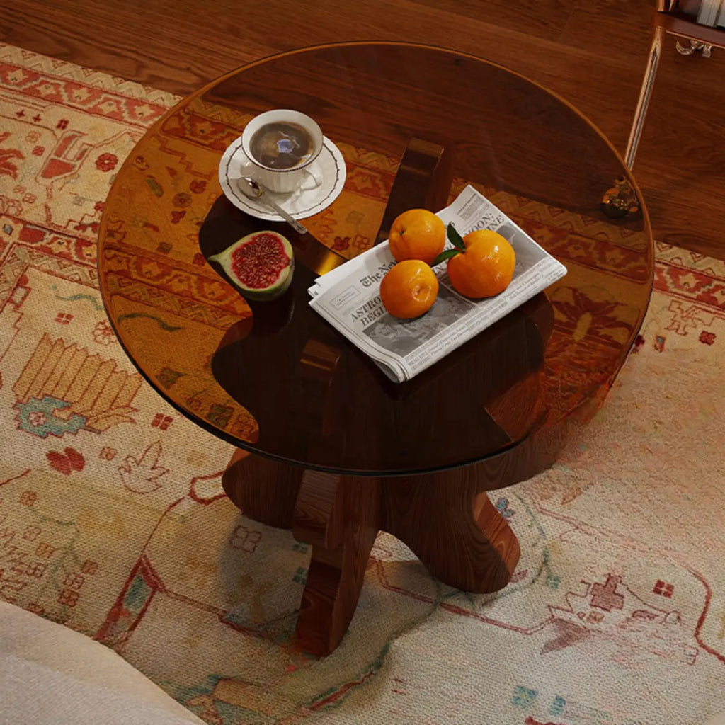 Table d'appoint piédestal en noyer avec plateau en verre, style moderne du milieu du siècle