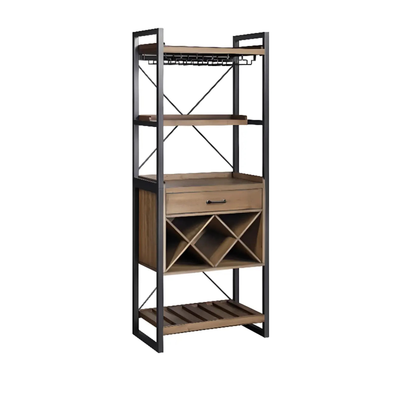 Porte-bouteilles et porte-verres ouverts en bois brun, non fixé, avec étagère