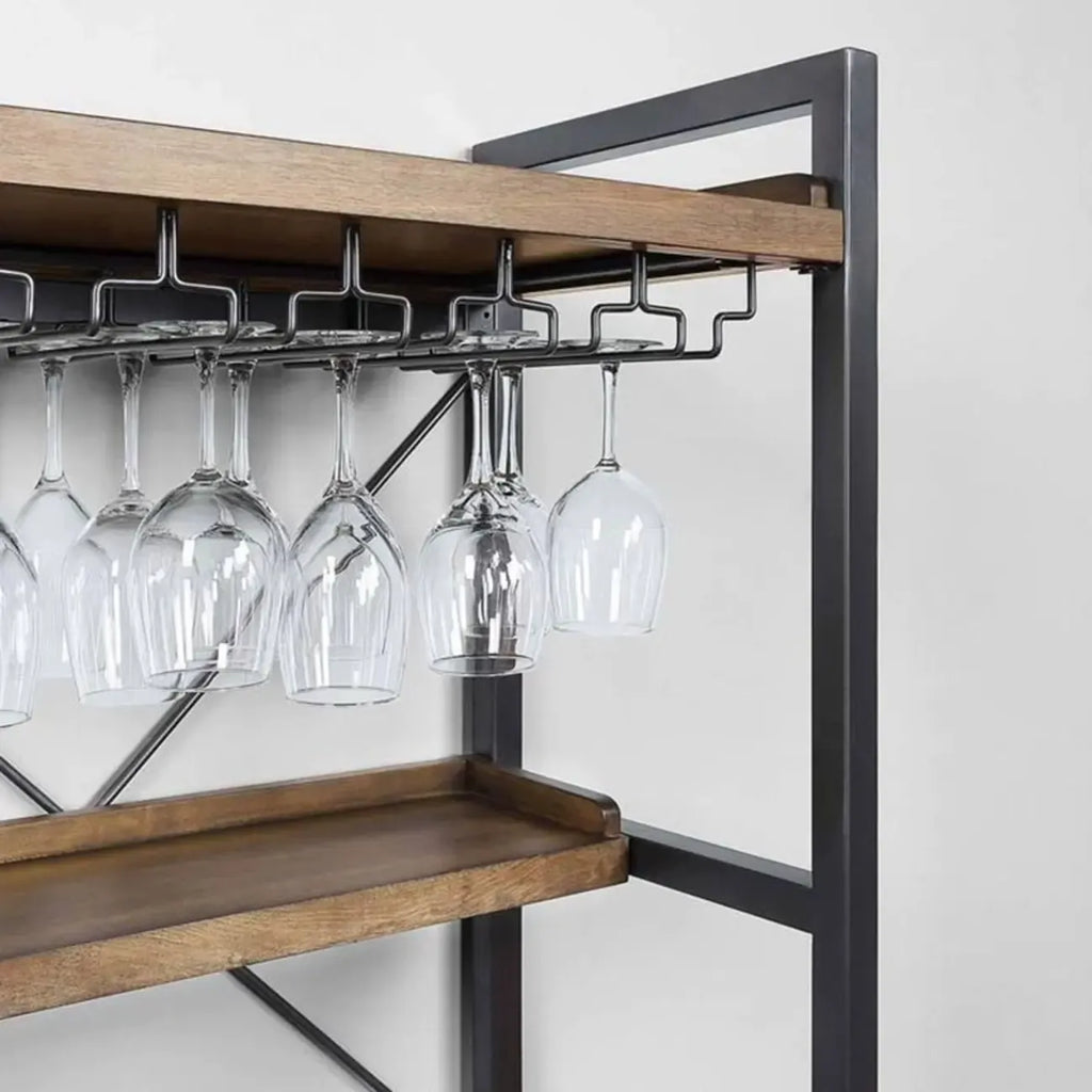 Porte-bouteilles et porte-verres ouverts en bois brun, non fixé, avec étagère