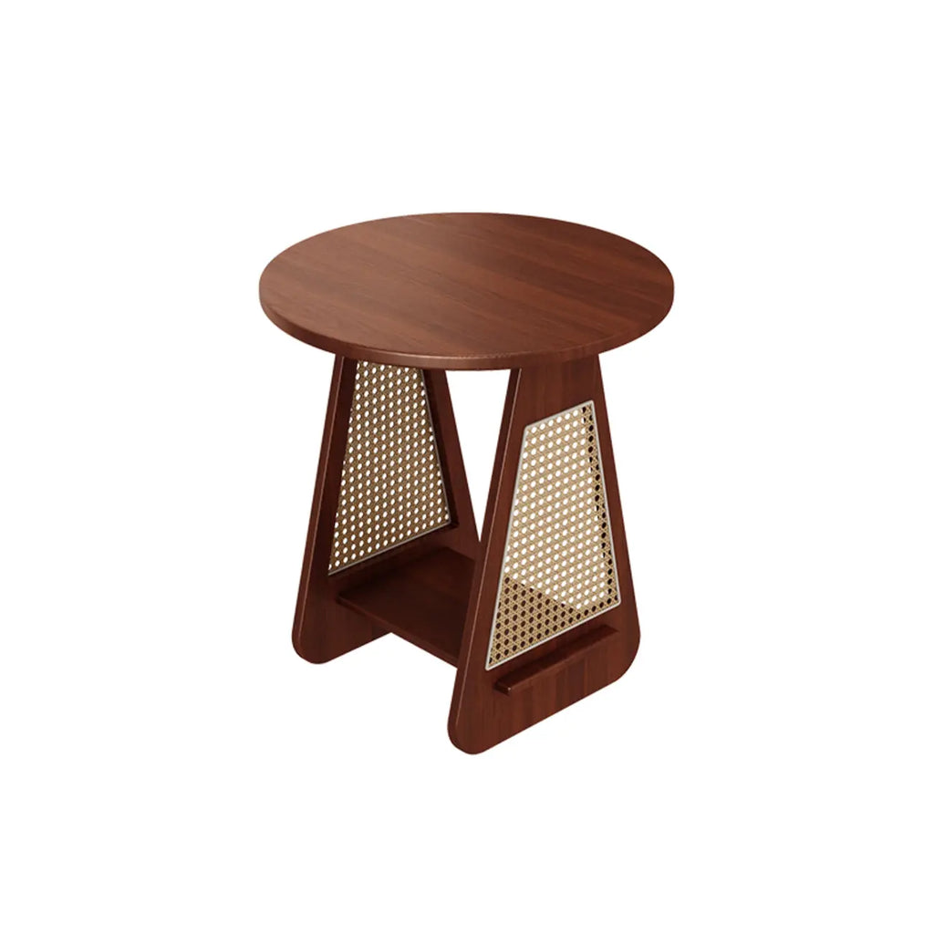Table d'appoint moderne du milieu du siècle à deux niveaux en bois avec pieds en rotin