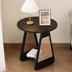 Table d'appoint moderne du milieu du siècle à deux niveaux en bois avec pieds en rotin