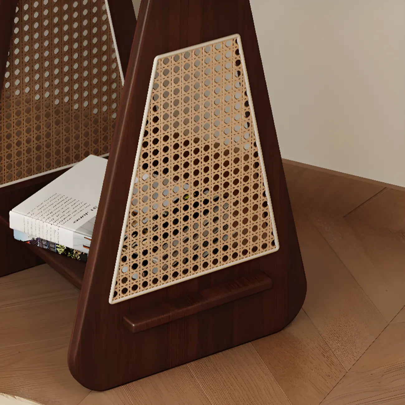 Table d'appoint moderne du milieu du siècle à deux niveaux en bois avec pieds en rotin
