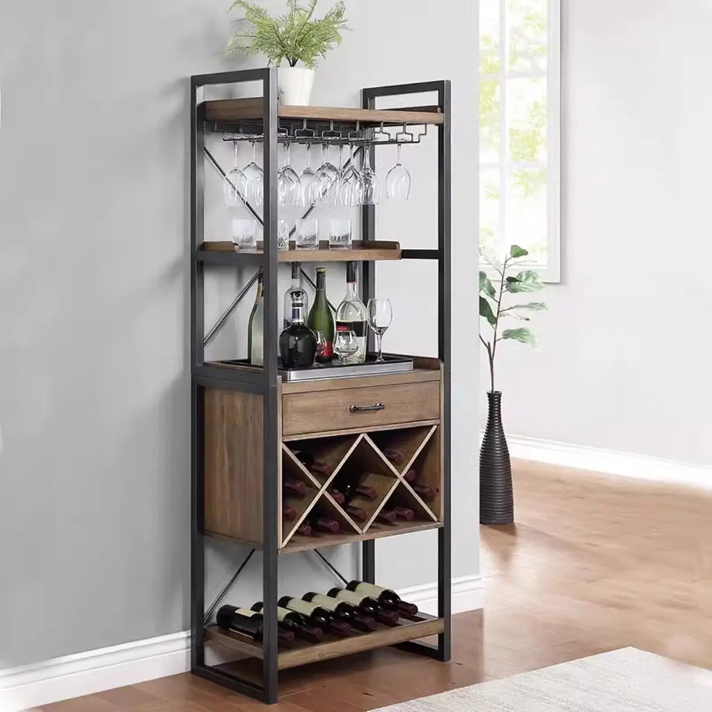 Porte-bouteilles et porte-verres en bois naturel brun et casier à vin ouvert
