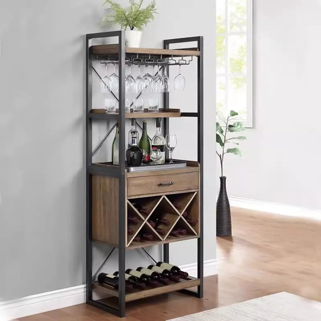 Porte-bouteilles et porte-verres en bois naturel brun et casier à vin ouvert