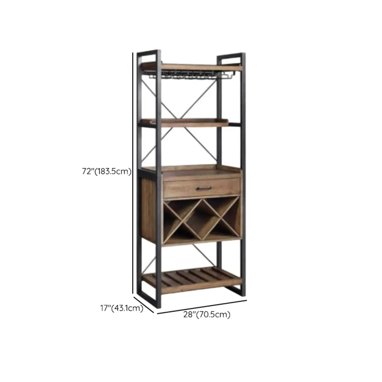 Porte-bouteilles et porte-verres ouverts en bois brun, non fixé, avec étagère