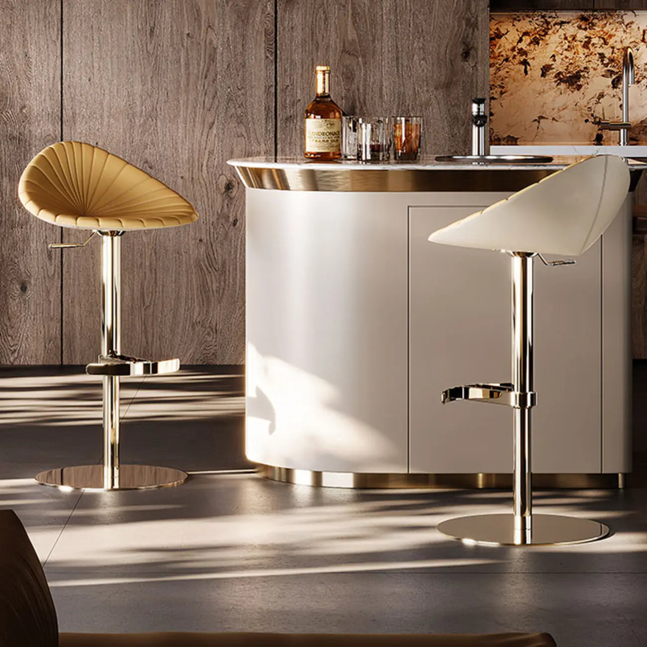 Tabouret de bar de luxe en cuir à hauteur réglable, piédestal doré