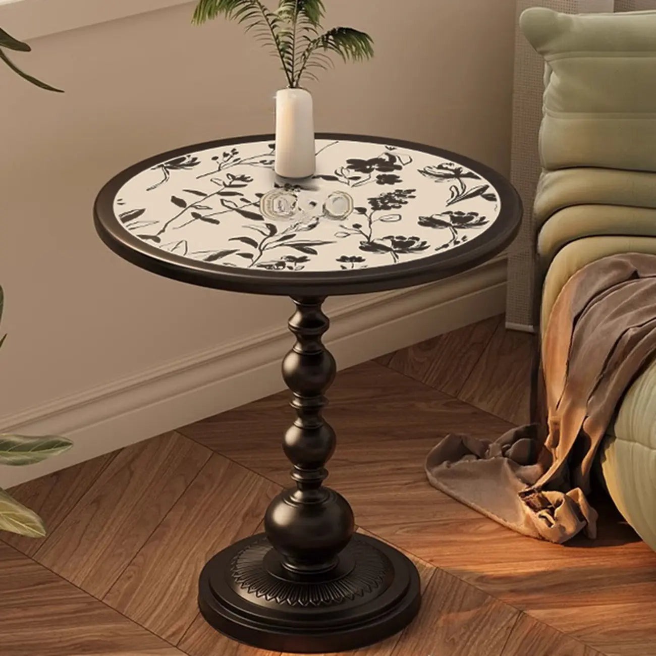 Table d'appoint moderne classique en fer forgé, noir et blanc