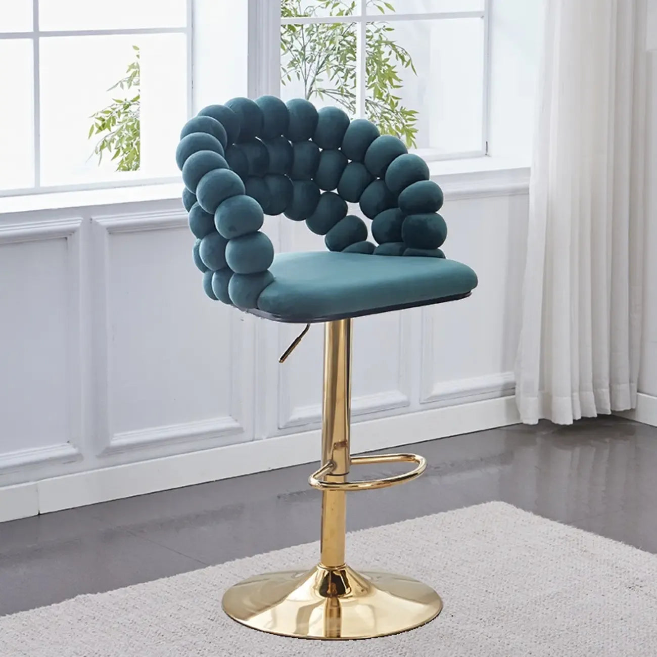 Tabouret de bar pivotant glamour en tissu à hauteur réglable avec accoudoirs
