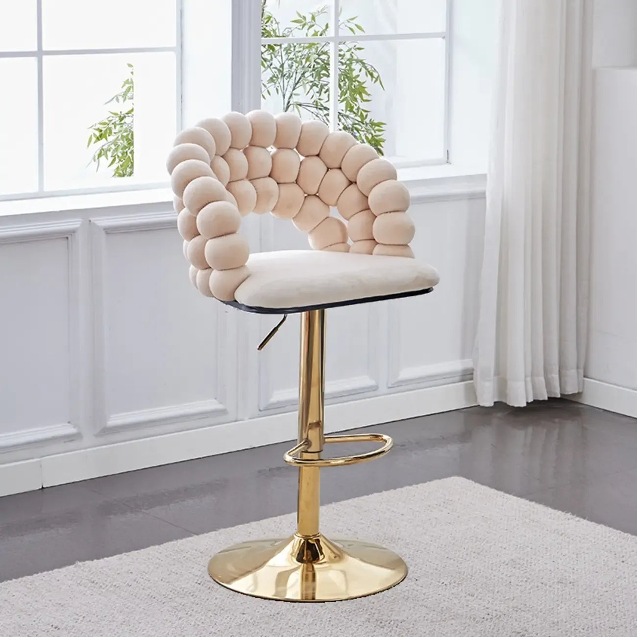 Tabouret de bar pivotant glamour en tissu à hauteur réglable avec accoudoirs