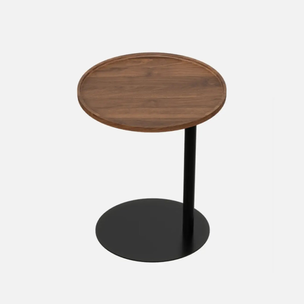 Table d'appoint en forme de C avec plateau en bois brun et métal pour salon