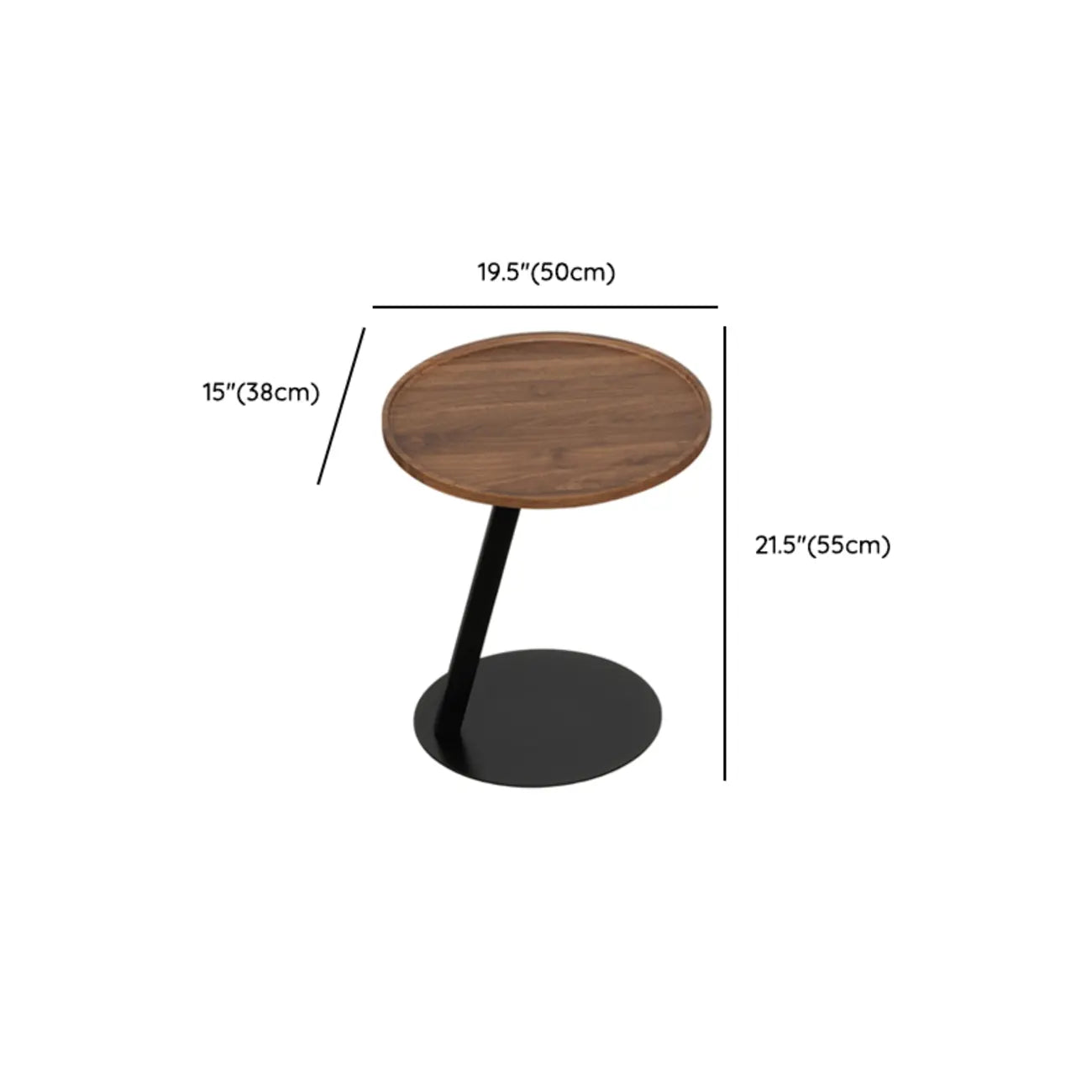 Table d'appoint en forme de C avec plateau en bois brun et métal pour salon