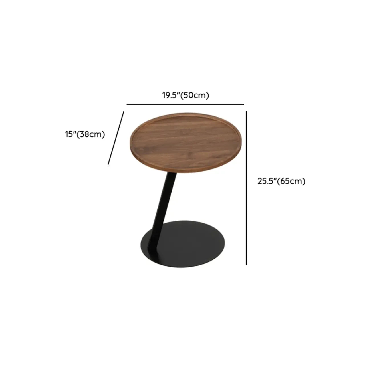 Table d'appoint en forme de C avec plateau en bois brun et métal pour salon