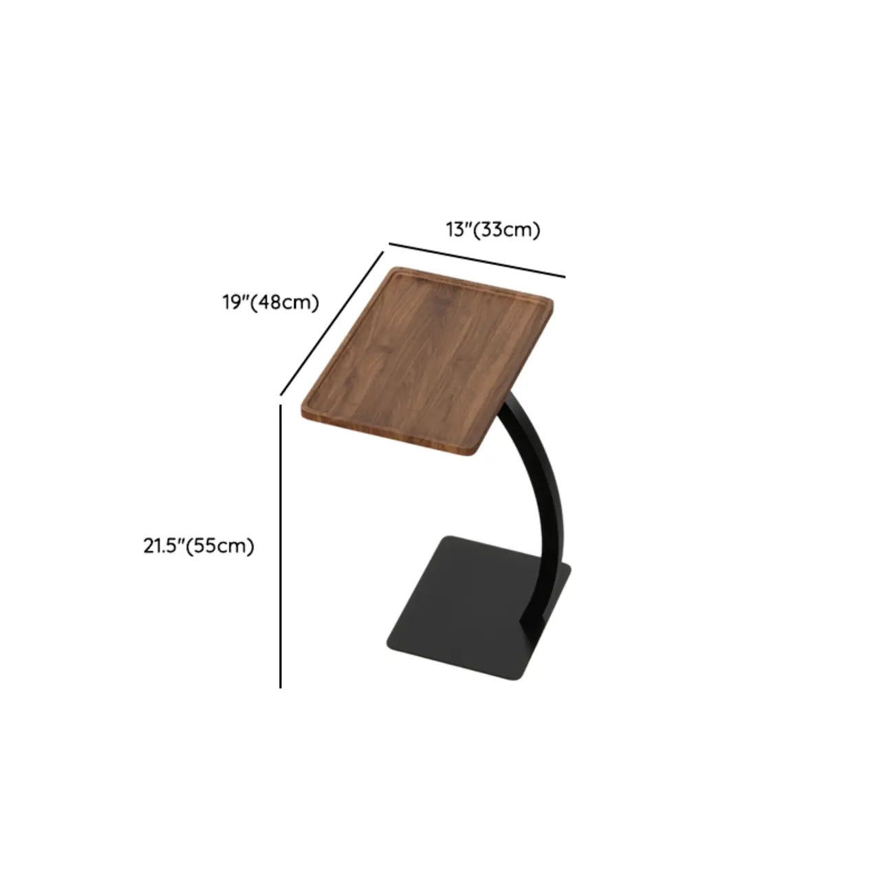 Table d'appoint en forme de C avec plateau en bois brun et métal pour salon