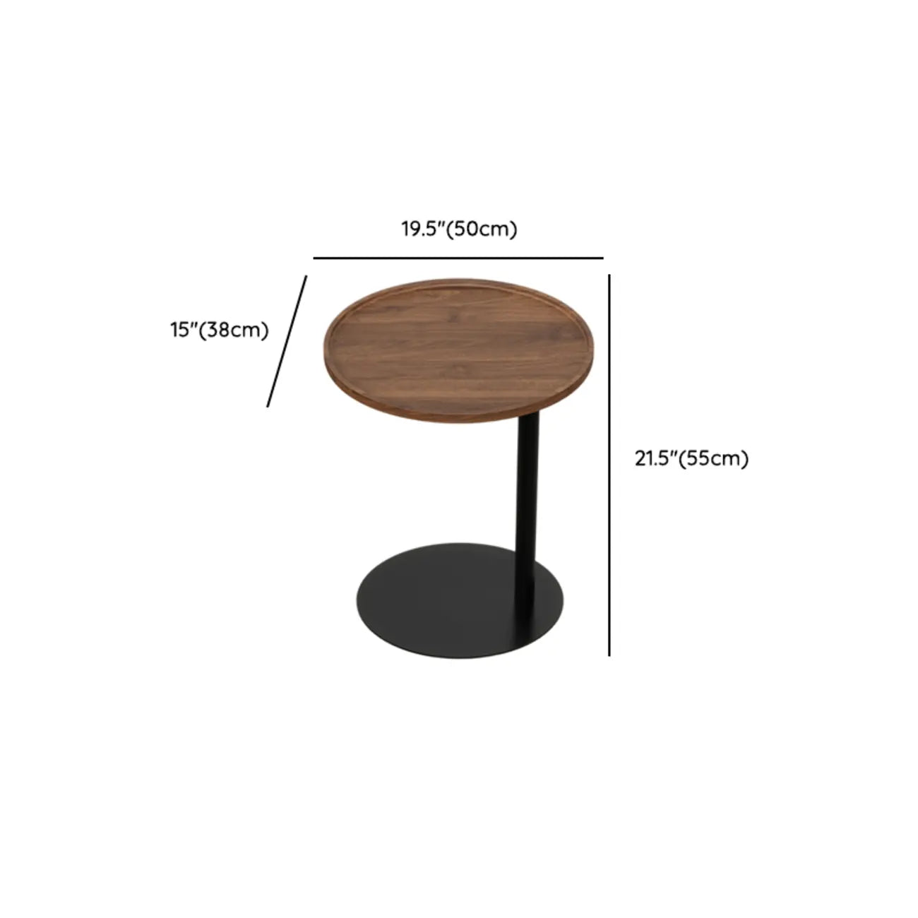 Table d'appoint en forme de C avec plateau en bois brun et métal pour salon