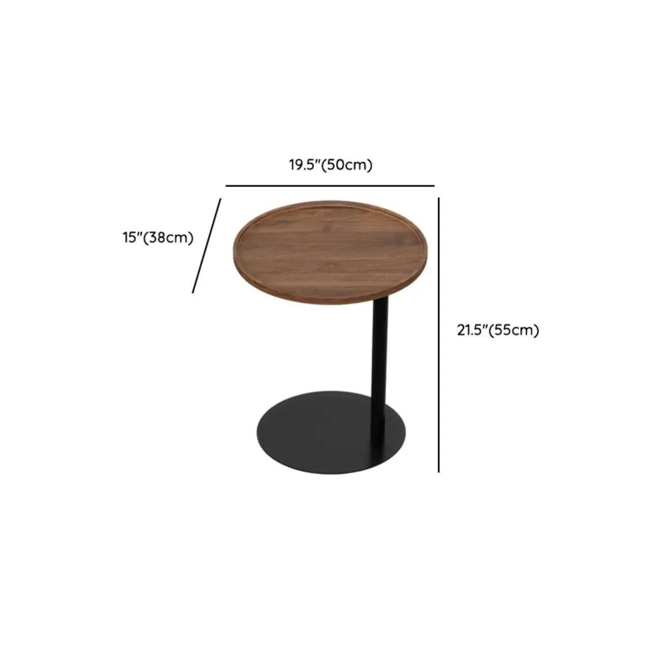 Table d'appoint en forme de C avec plateau en bois brun et métal pour salon