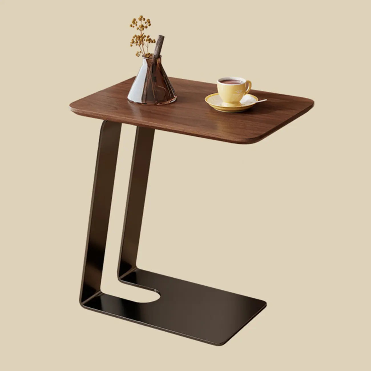 Table d'appoint minimaliste rectangulaire en bois de frêne brun en forme de C