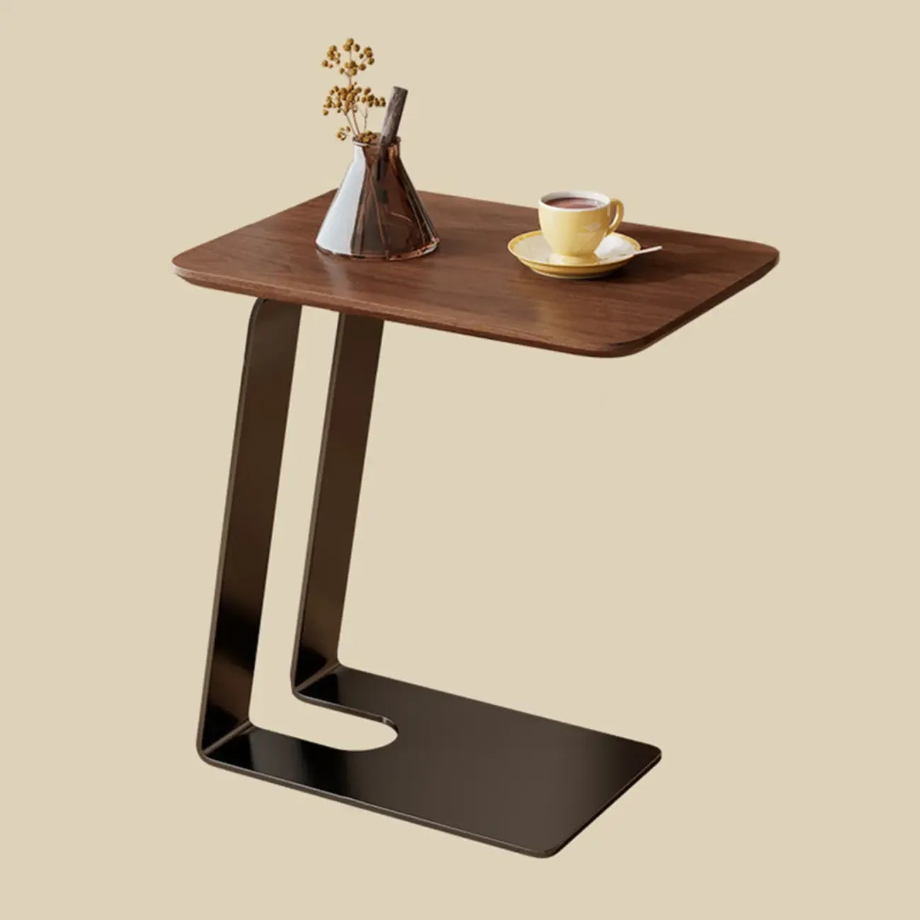 Table d'appoint minimaliste rectangulaire en bois de frêne brun en forme de C