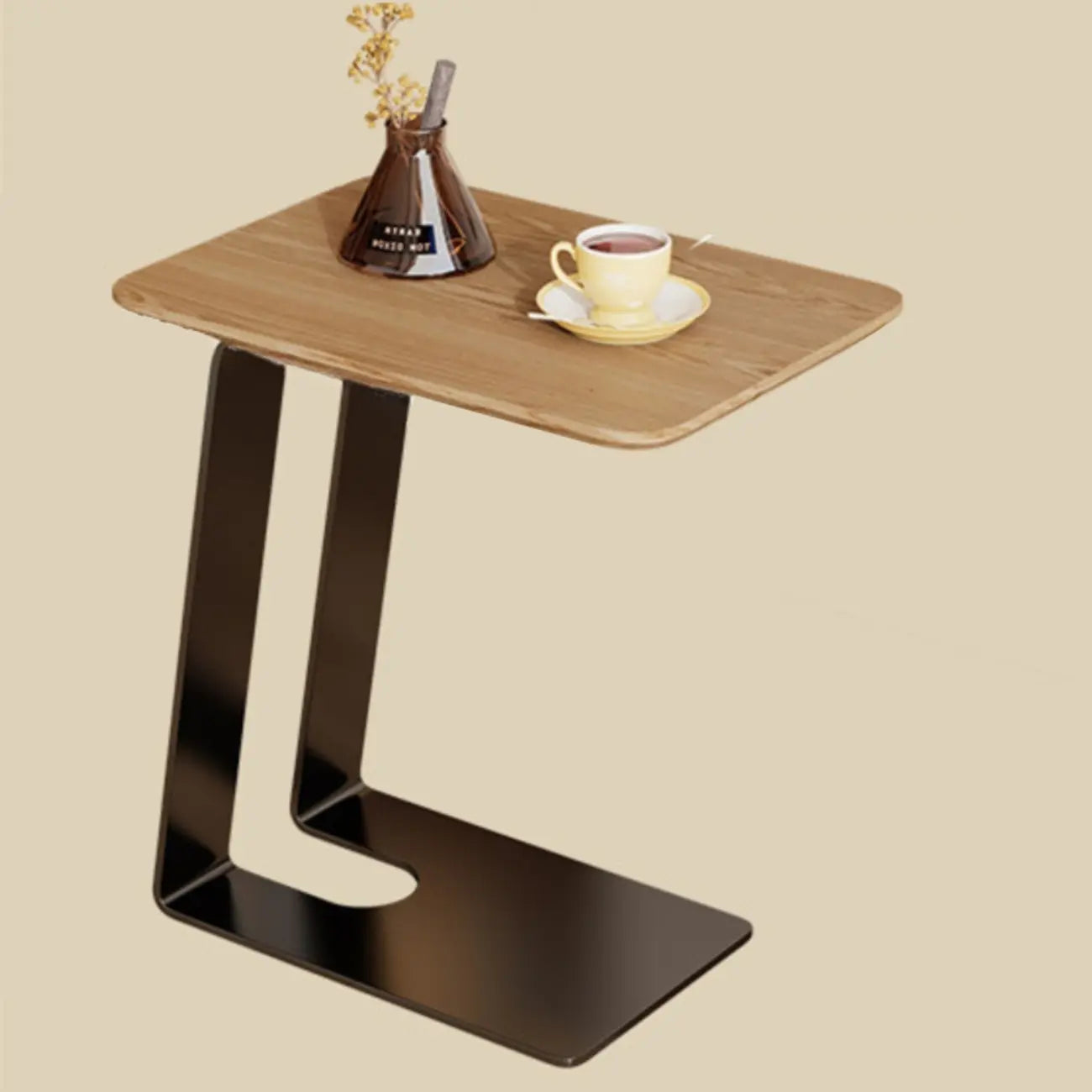 Table d'appoint minimaliste rectangulaire en bois de frêne brun en forme de C