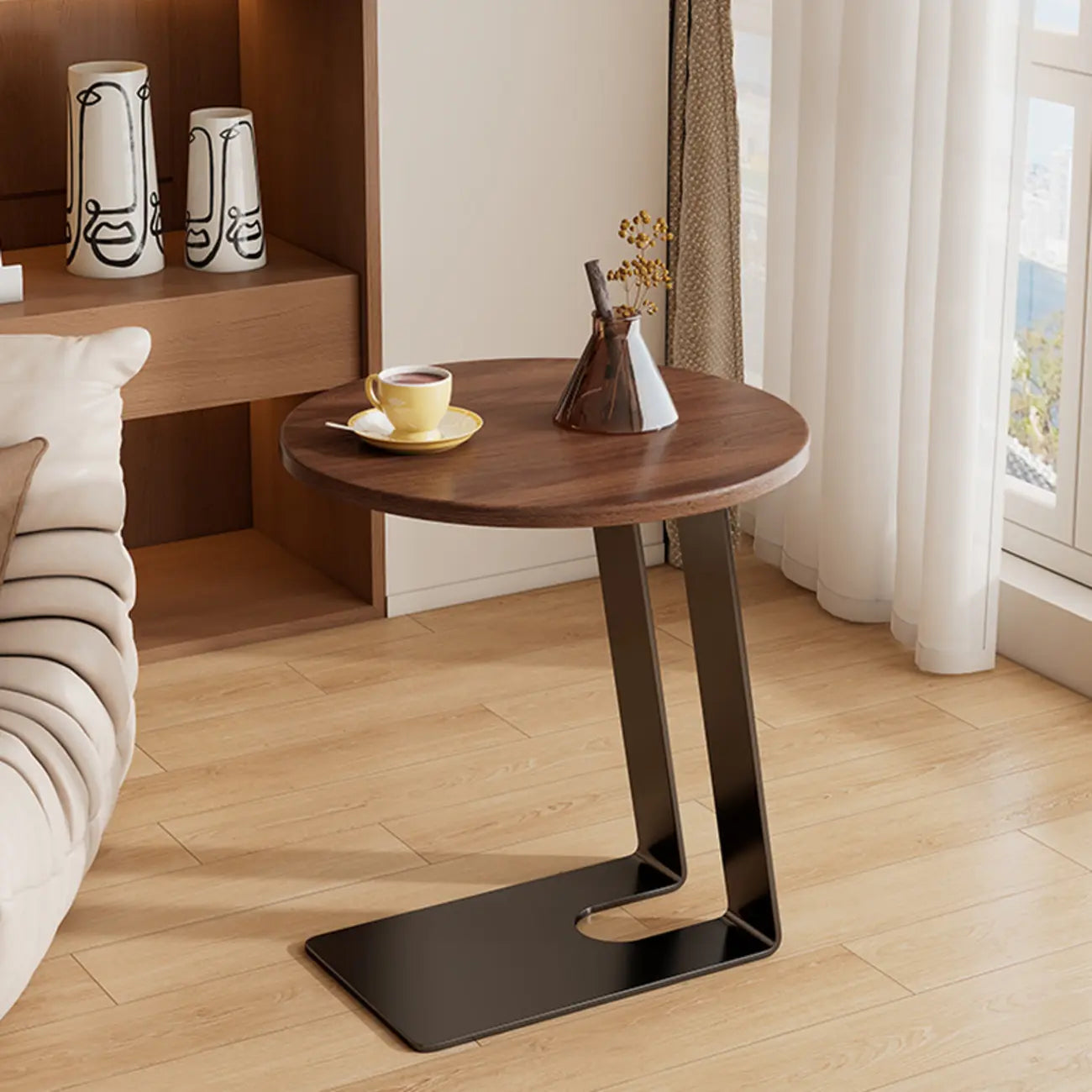 Table d'appoint minimaliste rectangulaire en bois de frêne brun en forme de C