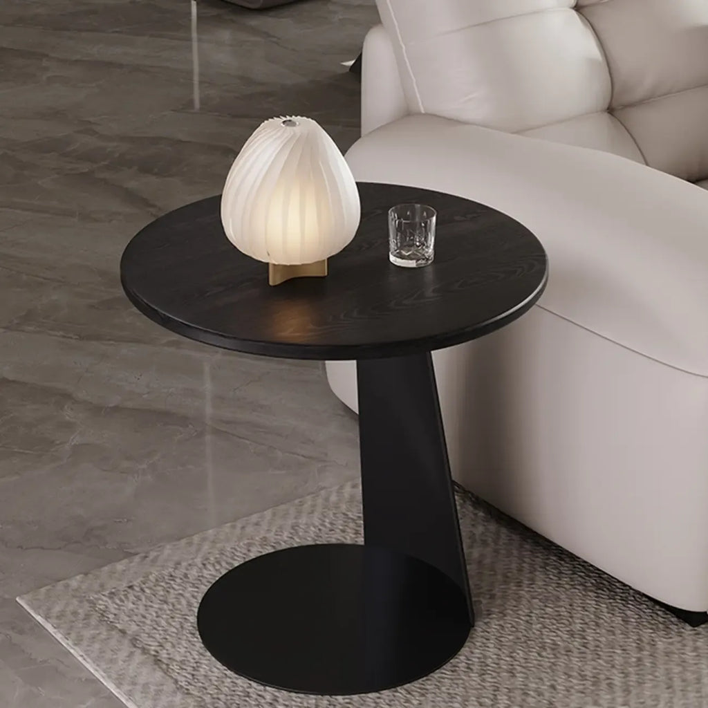 Table d'appoint ronde minimaliste noire en bois et acier en forme de C