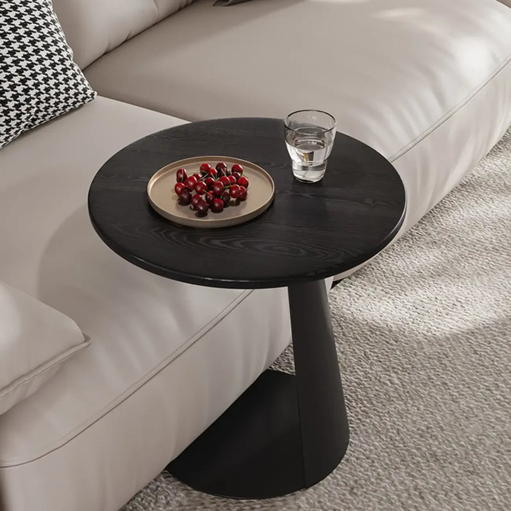 Table d'appoint ronde minimaliste noire en bois et acier en forme de C