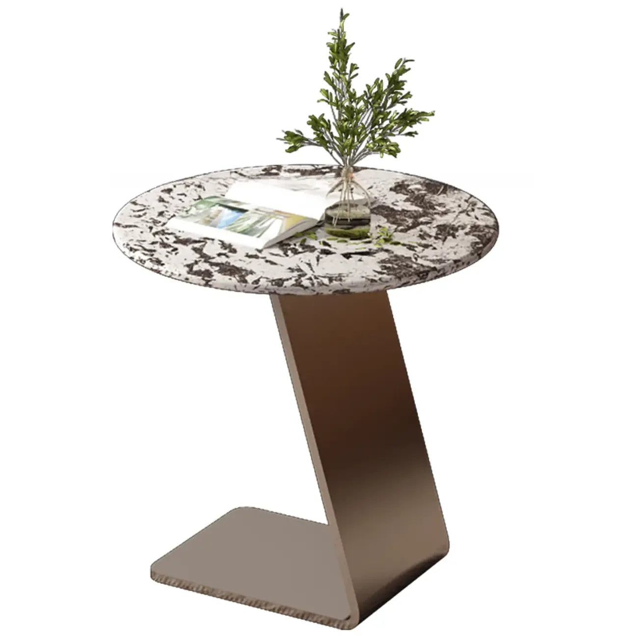 Table d'appoint contemporaine en forme de C, en pierre et acier inoxydable