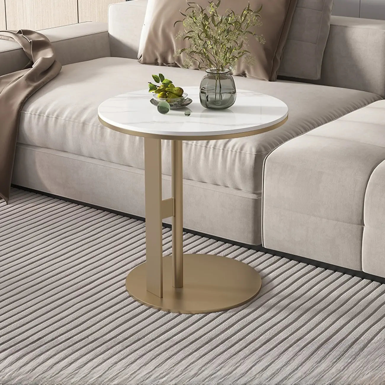 Table d'appoint moderne en acier avec plateau rond en pierre frittée et forme en C