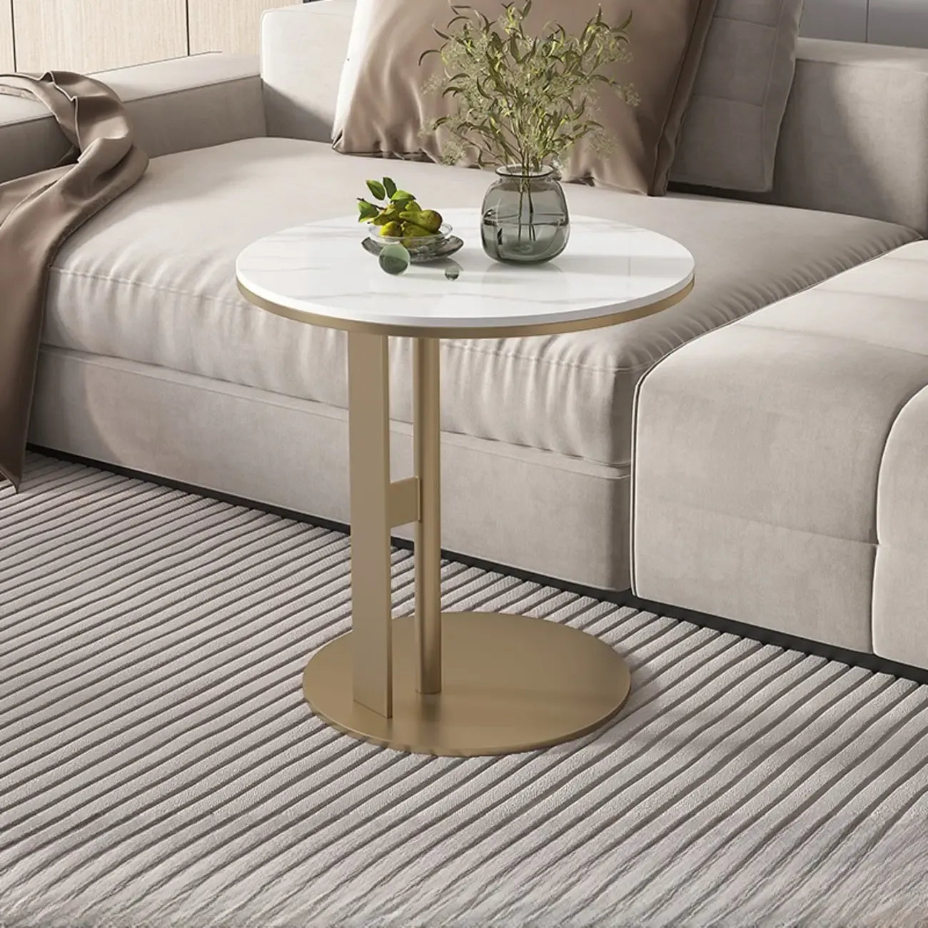 Table d'appoint moderne en acier avec plateau rond en pierre frittée et forme en C