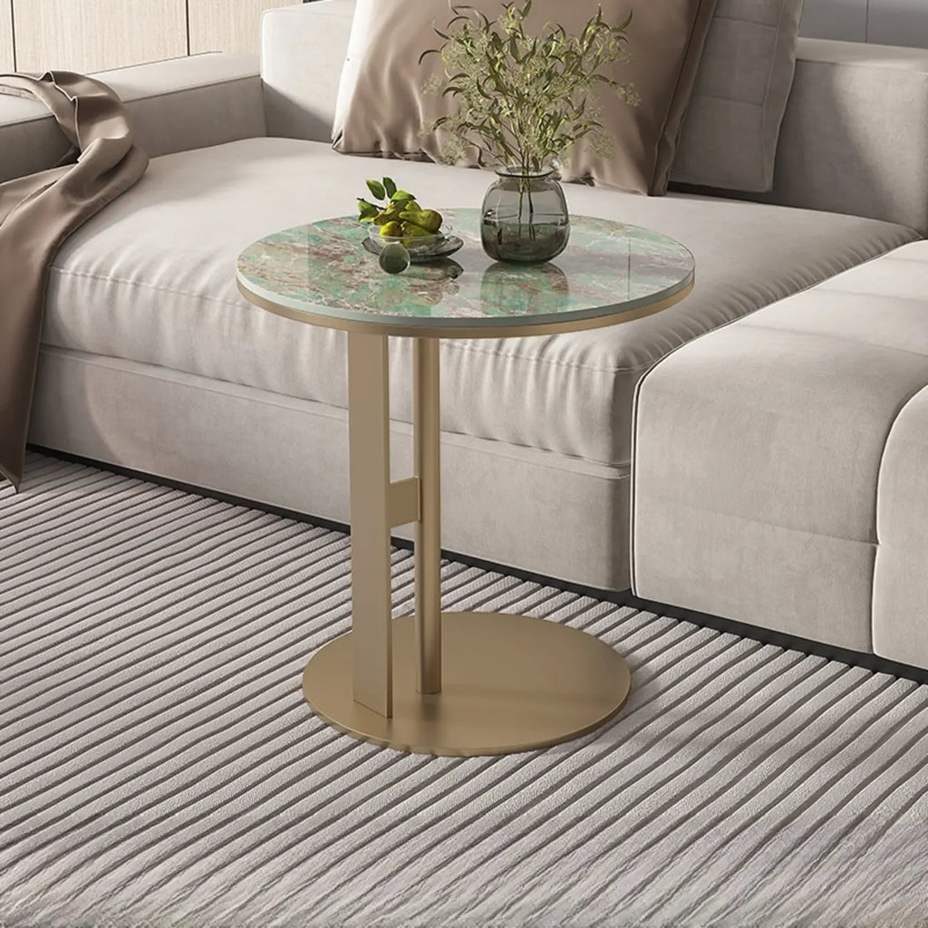 Table d'appoint moderne en acier avec plateau rond en pierre frittée et forme en C