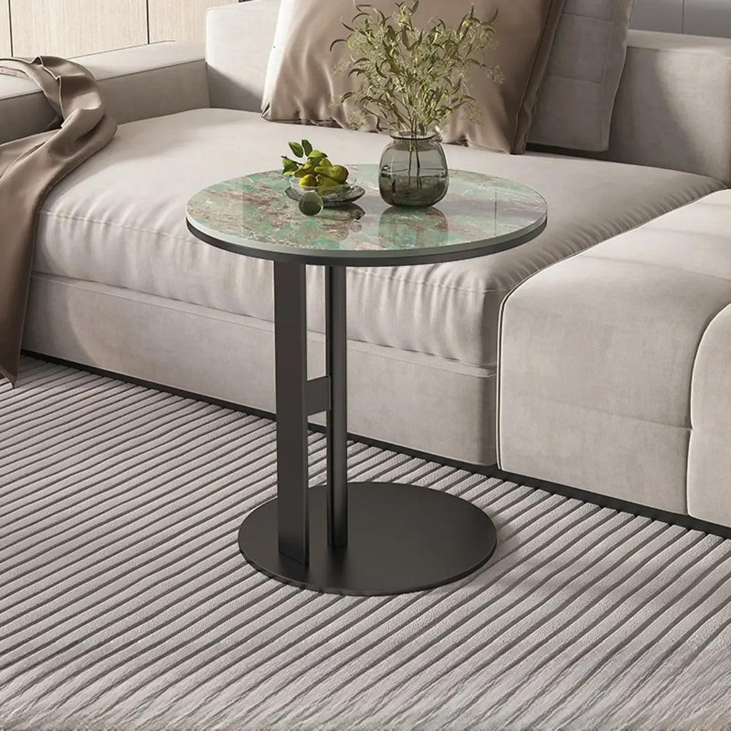 Table d'appoint moderne en acier avec plateau rond en pierre frittée et forme en C