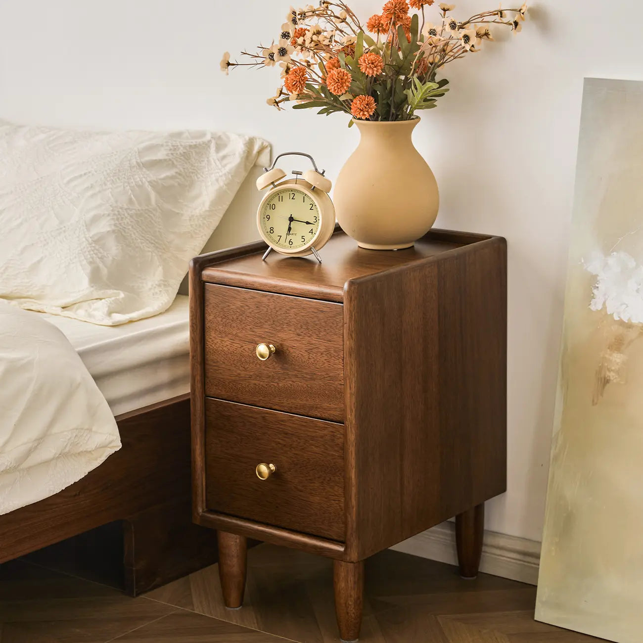 Comodino Art Déco con 2 cassetti e gambe, piano in legno marrone