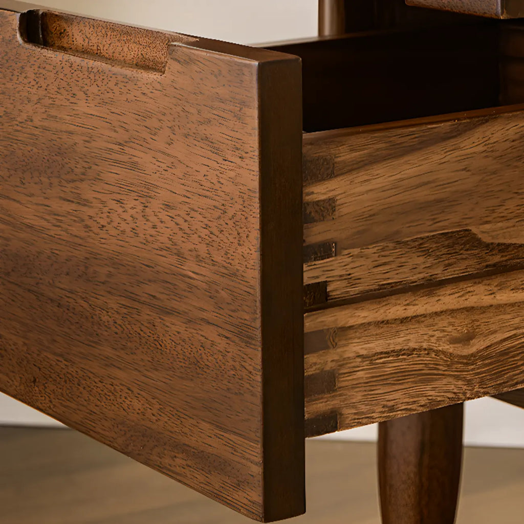 Comodino Art Déco con 2 cassetti e gambe, piano in legno marrone