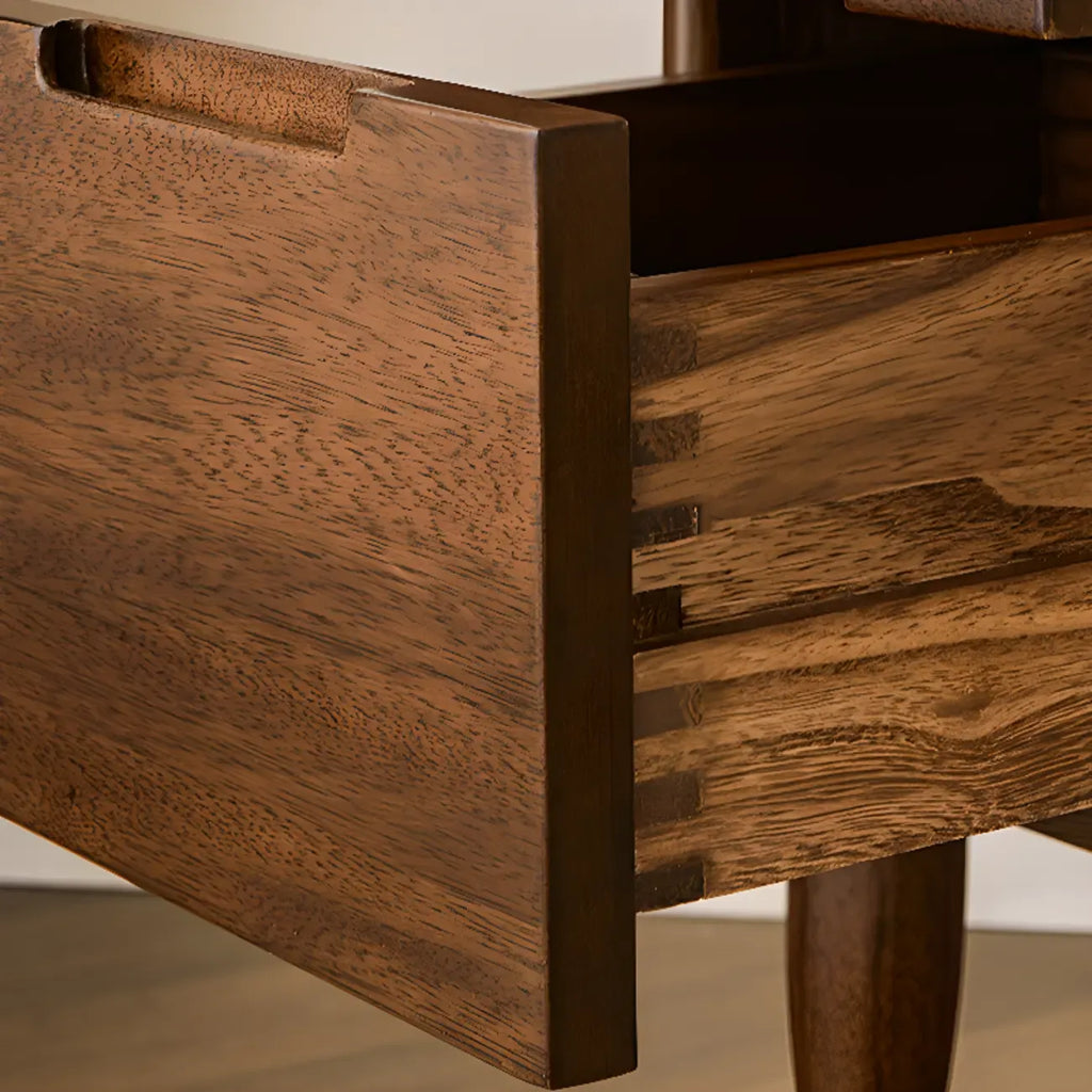Comodino Art Déco con 2 cassetti e gambe, piano in legno marrone