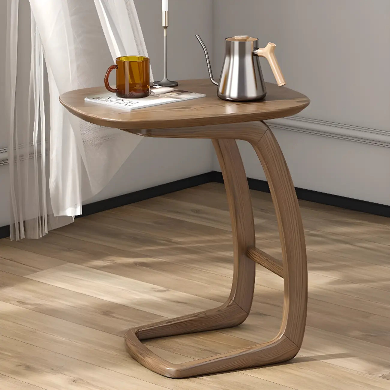 Table d'appoint minimaliste en bois naturel en forme de C pour salon