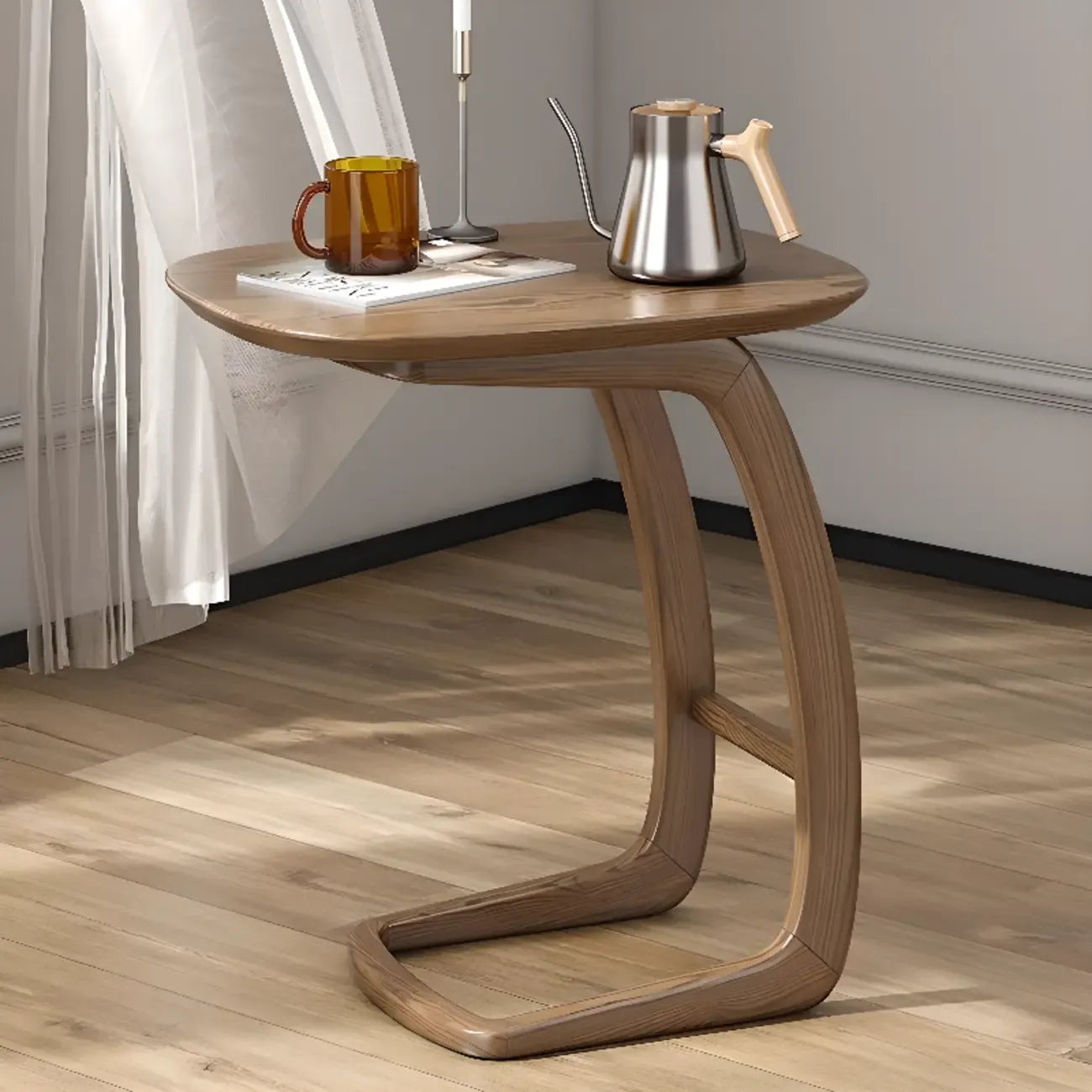 Table d'appoint minimaliste en bois naturel en forme de C pour salon