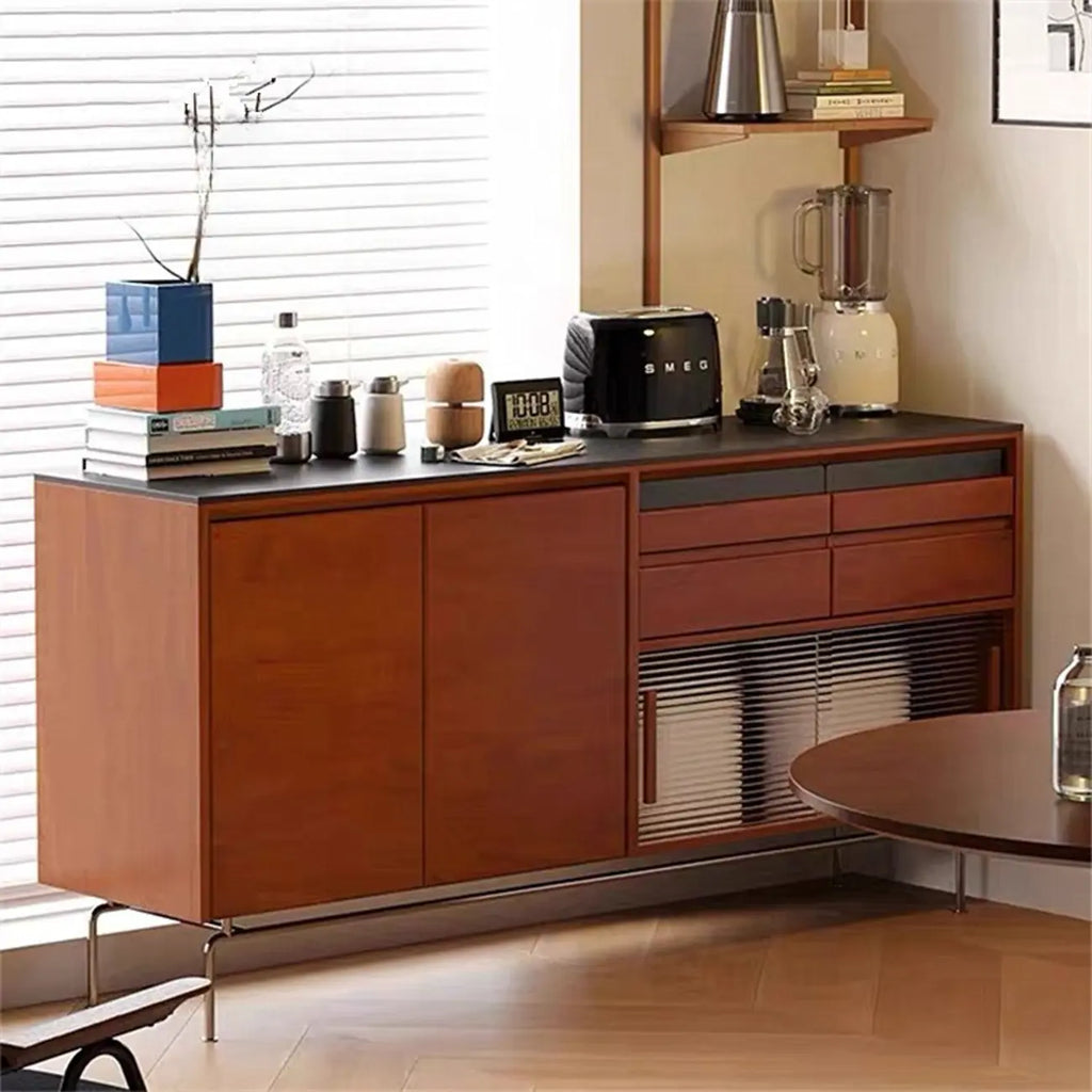 Buffet moderne avec portes coulissantes en pin et merisier