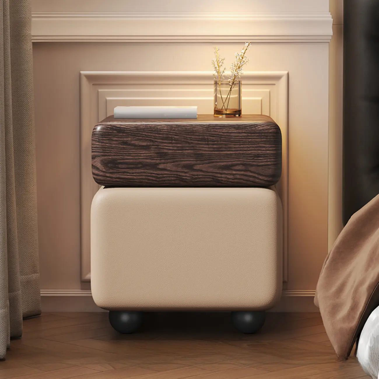 Table de chevet à 2 tiroirs en similicuir finition noyer noir